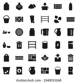 Flat vector icon set - bucket vector, trash bin, garbage pile, measuring cup, jug, sieve, jar, enegry drink, water bottle, sea container, port, wood box, consolidated cargo, package, oil barrel
