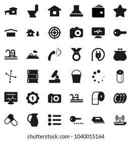 Flat vector icon set - bucket vector, steaming, toilet, paper, plates, jug, book, microscope, constellation, wallet, target, medal, pills, pool, dry cargo, camera, diagnostic monitor, loading, key