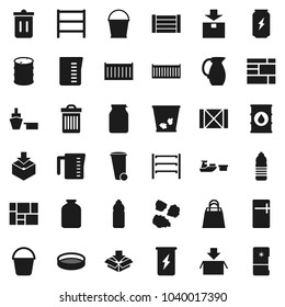 Flat vector icon set - bucket vector, trash bin, garbage pile, measuring cup, jug, sieve, jar, enegry drink, water bottle, sea container, port, wood box, consolidated cargo, package, oil barrel