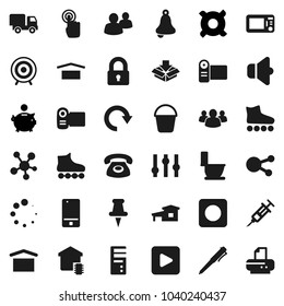 Flat vector icon set - bucket vector, toilet, pen, bell, piggy bank, any currency, roller Skates, target, dry cargo, speaker, settings, mobile phone, touchscreen, social media, group, thumbtack, rec