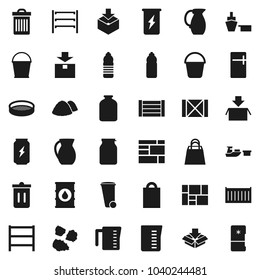 Flat vector icon set - bucket vector, trash bin, garbage pile, measuring cup, jug, sieve, jar, enegry drink, water bottle, sea container, port, wood box, consolidated cargo, package, oil barrel