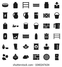 Flat vector icon set - bucket vector, trash bin, garbage pile, measuring cup, jug, sieve, jar, enegry drink, water bottle, sea container, port, wood box, consolidated cargo, package, oil barrel