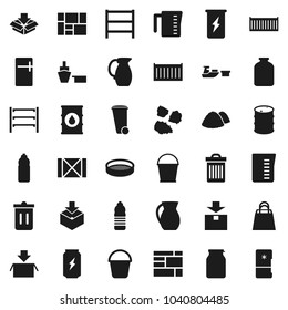 Flat vector icon set - bucket vector, trash bin, garbage pile, measuring cup, jug, sieve, jar, enegry drink, water bottle, sea container, port, wood box, consolidated cargo, package, oil barrel