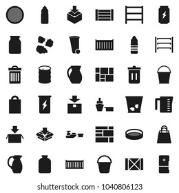 Flat vector icon set - bucket vector, trash bin, garbage pile, measuring cup, jug, sieve, jar, enegry drink, water bottle, sea container, port, wood box, consolidated cargo, package, oil barrel