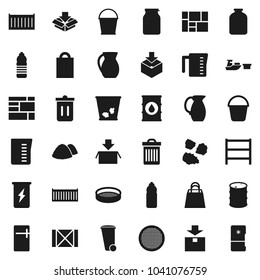 Flat vector icon set - bucket vector, trash bin, garbage pile, measuring cup, jug, sieve, jar, enegry drink, water bottle, sea container, port, wood box, consolidated cargo, package, oil barrel