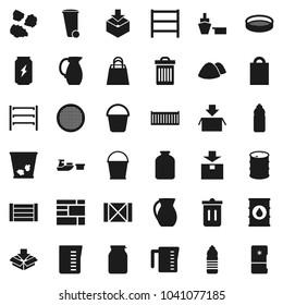 Flat vector icon set - bucket vector, trash bin, garbage pile, measuring cup, jug, sieve, jar, enegry drink, water bottle, sea container, port, wood box, consolidated cargo, package, oil barrel