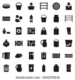 Flat vector icon set - bucket vector, trash bin, garbage pile, measuring cup, jug, sieve, jar, enegry drink, water bottle, sea container, port, wood box, consolidated cargo, package, oil barrel