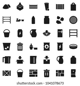 Flat vector icon set - bucket vector, trash bin, garbage pile, measuring cup, jug, sieve, jar, enegry drink, water bottle, sea container, port, wood box, consolidated cargo, package, oil barrel