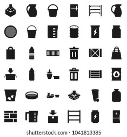 Flat vector icon set - bucket vector, trash bin, measuring cup, jug, sieve, jar, enegry drink, water bottle, sea container, port, wood box, consolidated cargo, package, oil barrel, shelving, fridge