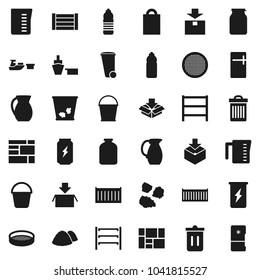 Flat vector icon set - bucket vector, trash bin, garbage pile, measuring cup, jug, sieve, jar, enegry drink, water bottle, sea container, port, wood box, consolidated cargo, package, shelving