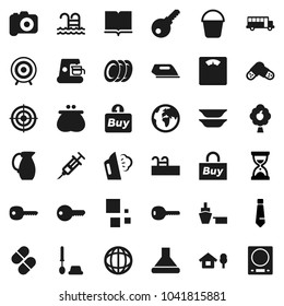 Flat vector icon set - bucket vector, steaming, toilet brush, plates, jug, book, school bus, world, sand clock, tie, scales, target, pool, earth, port, camera, syringe, pills, loading, key, chalet