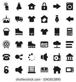 Flat vector icon set - bucket vector, cake, pen, bell, abacus, university, calculator, t shirt, roller Skates, target, calendar, radio, speaker, mobile phone, touchscreen, social media, menu, home