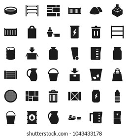 Flat vector icon set - bucket vector, trash bin, garbage pile, measuring cup, jug, sieve, jar, enegry drink, water bottle, sea container, port, wood box, consolidated cargo, package, oil barrel