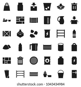 Flat vector icon set - bucket vector, trash bin, garbage pile, measuring cup, jug, sieve, jar, enegry drink, water bottle, sea container, port, wood box, consolidated cargo, package, oil barrel