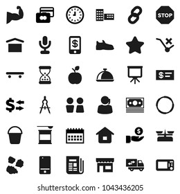 Flat vector icon set - bucket vector, water closet, garbage pile, dish, school building, drawing compass, apple fruit, presentation, exchange, credit card, investment, clock, calendar, muscule hand