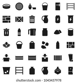 Flat vector icon set - bucket vector, trash bin, garbage pile, measuring cup, jug, sieve, jar, enegry drink, water bottle, sea container, port, wood box, consolidated cargo, package, oil barrel
