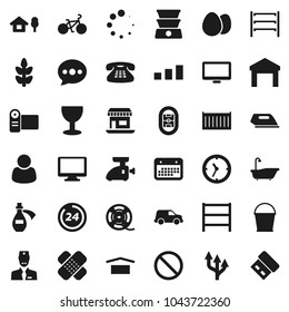 Flat vector icon set - bucket vector, bath, egg, bike, cereals, prohibition sign, stadium, office, sea container, car, clock, calendar, glass, dry cargo, warehouse, sorting, shelving, film spool