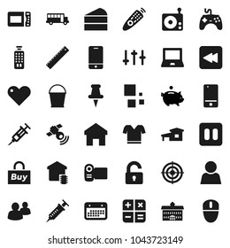 Flat vector icon set - bucket vector, cake, university, ruler, notebook pc, school bus, piggy bank, t shirt, target, calendar, radio, satellitie, gamepad, settings, remote control, mobile phone, buy