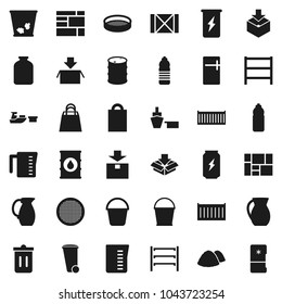 Flat vector icon set - bucket vector, trash bin, garbage pile, measuring cup, jug, sieve, jar, enegry drink, water bottle, sea container, port, wood box, consolidated cargo, package, oil barrel