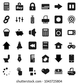 Flat vector icon set - bucket vector, toilet, pen, bell, piggy bank, calculator, arrow down, up, target, calendar, speaker, gamepad, settings, remote control, mobile phone, touchscreen, heart, rec