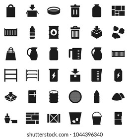 Flat vector icon set - bucket vector, trash bin, garbage pile, measuring cup, jug, sieve, jar, enegry drink, water bottle, sea container, port, wood box, consolidated cargo, package, oil barrel