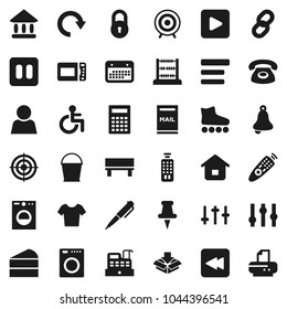 Flat vector icon set - bucket vector, cake, pen, bell, calculator, abacus, university, t shirt, roller Skates, target, calendar, settings, remote control, thumbtack, play button, pause, backward