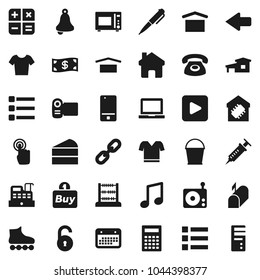 Flat vector icon set - bucket vector, microwave oven, cake, pen, bell, calculator, notebook pc, abacus, music, t shirt, roller Skates, calendar, dry cargo, radio, mobile phone, touchscreen, syringe