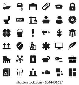 Flat vector icon set - bucket vector, bath, toilet, mixer, spices, cereal, pen, student, case, buttocks, roller Skates, cereals, attention, support, receipt, top sign, disk, video camera, monitor