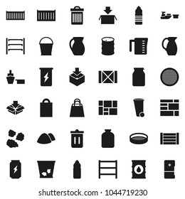 Flat vector icon set - bucket vector, trash bin, garbage pile, measuring cup, jug, sieve, jar, enegry drink, water bottle, sea container, port, wood box, consolidated cargo, package, oil barrel