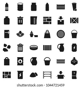 Flat vector icon set - bucket vector, trash bin, garbage pile, measuring cup, jug, sieve, jar, enegry drink, water bottle, sea container, port, wood box, consolidated cargo, package, oil barrel