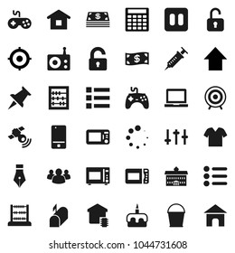 Flat vector icon set - bucket vector, microwave oven, cake, pen, university, notebook pc, abacus, calculator, target, arrow up, radio, satellitie, gamepad, settings, mobile phone, group, thumbtack