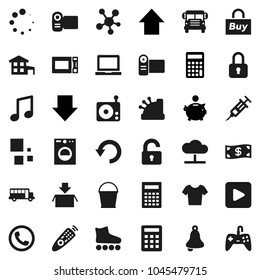 Flat vector icon set - bucket vector, microwave oven, bell, calculator, notebook pc, school bus, music, piggy bank, arrow down, up, t shirt, roller Skates, radio, remote control, social media, undo