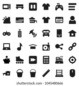 Flat vector icon set - bucket vector, microwave oven, ruler, notebook pc, school bus, abacus, music, piggy bank, target, roller Skates, calendar, dry cargo, radio, satellitie, gamepad, mobile phone