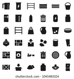 Flat vector icon set - bucket vector, trash bin, garbage pile, measuring cup, jug, sieve, jar, enegry drink, water bottle, sea container, port, wood box, consolidated cargo, package, oil barrel