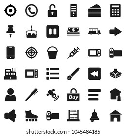 Flat vector icon set - bucket vector, microwave oven, cake, pen, bell, school bus, abacus, target, roller Skates, satellitie, speaker, mobile phone, thumbtack, pause button, backward, syringe, menu
