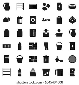 Flat vector icon set - bucket vector, trash bin, garbage pile, measuring cup, jug, sieve, jar, enegry drink, water bottle, sea container, port, consolidated cargo, package, oil barrel, shelving