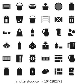 Flat vector icon set - bucket vector, trash bin, garbage pile, measuring cup, jug, sieve, jar, enegry drink, water bottle, sea container, port, wood box, consolidated cargo, package, oil barrel