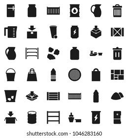 Flat vector icon set - bucket vector, trash bin, garbage pile, measuring cup, jug, sieve, jar, enegry drink, water bottle, sea container, port, wood box, consolidated cargo, package, oil barrel