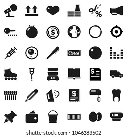 Flat vector icon set - bucket vector, steaming, double boiler, egg, book, pen, paper pin, world, dollar coin, annual report, target, fitball, roller Skates, hoop, sea container, car, top sign, heart