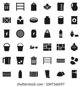 Flat vector icon set - bucket vector, trash bin, garbage pile, measuring cup, jug, sieve, jar, enegry drink, water bottle, sea container, port, wood box, consolidated cargo, package, oil barrel
