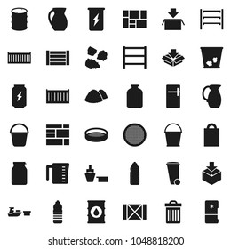 Flat vector icon set - bucket vector, trash bin, garbage pile, measuring cup, jug, sieve, jar, enegry drink, water bottle, sea container, port, wood box, consolidated cargo, package, oil barrel