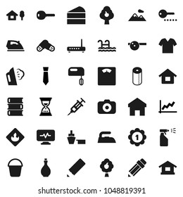 Flat vector icon set - bucket vector, iron, steaming, sprayer, toilet paper, oil, cake, book, pencil, graph, sand clock, tie, scales, medal, port, flammable, camera, syringe, pills, eye doctor hat