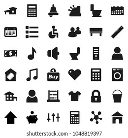 Flat vector icon set - bucket vector, toilet, ruler, bell, calculator, abacus, music, piggy bank, arrow up, calendar, speaker, settings, social media, group, heart, disabled, menu, bench, user, lock