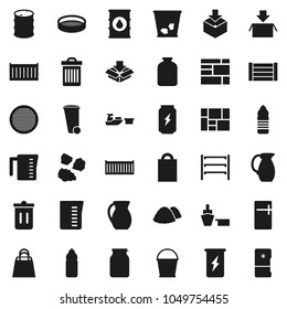 Flat vector icon set - bucket vector, trash bin, garbage pile, measuring cup, jug, sieve, jar, enegry drink, water bottle, sea container, port, wood box, consolidated cargo, package, oil barrel