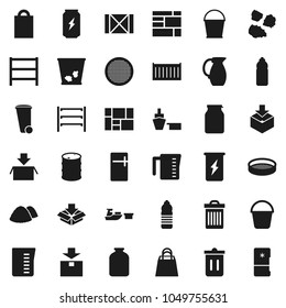 Flat vector icon set - bucket vector, trash bin, garbage pile, measuring cup, jug, sieve, jar, enegry drink, water bottle, sea container, port, wood box, consolidated cargo, package, oil barrel