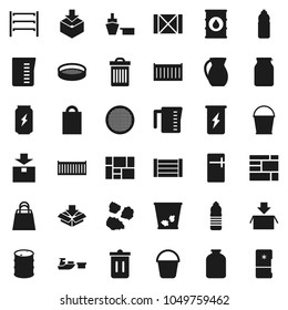 Flat vector icon set - bucket vector, trash bin, garbage pile, measuring cup, jug, sieve, jar, enegry drink, water bottle, sea container, port, wood box, consolidated cargo, package, oil barrel