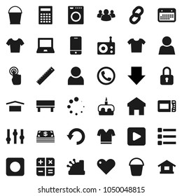 Flat vector icon set - bucket vector, cake, ruler, calculator, notebook pc, arrow down, t shirt, calendar, dry cargo, radio, settings, mobile phone, touchscreen, group, heart, play button, rec, menu