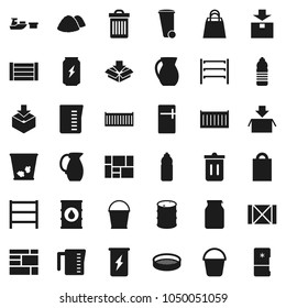 Flat vector icon set - bucket vector, trash bin, garbage pile, measuring cup, jug, sieve, jar, enegry drink, water bottle, sea container, port, wood box, consolidated cargo, package, oil barrel