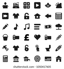 Flat vector icon set - bucket vector, toilet, calculator, music, university, target, pound, t shirt, calendar, satellitie, remote control, touchscreen, heart, play button, forward, syringe, menu