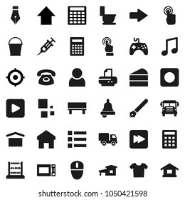 Flat vector icon set - bucket vector, toilet, microwave oven, cake, pen, bell, calculator, school bus, abacus, music, target, arrow up, dry cargo, gamepad, touchscreen, play button, forward, rec